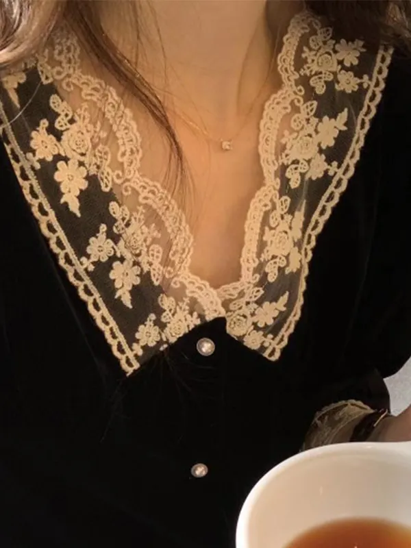 Blusa de manga larga con cuello en V y encaje de terciopelo francés