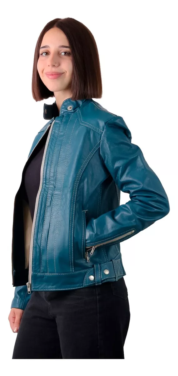 Campera De Cuero Vacuno 100% Legitimo De Mujer Azul - 121