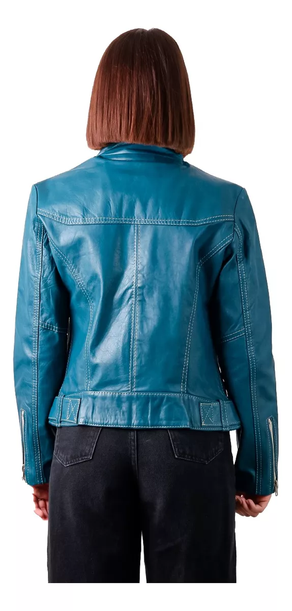 Campera De Cuero Vacuno 100% Legitimo De Mujer Azul - 121