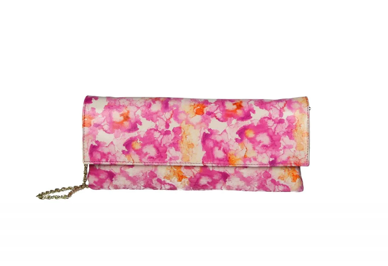 Cartera Piel Estampado Floral Fucsia Cierre Tapa