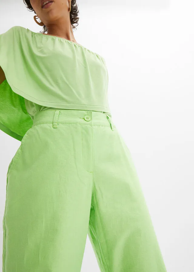 Pantalones sueltos con mezcla de lino Verde apio