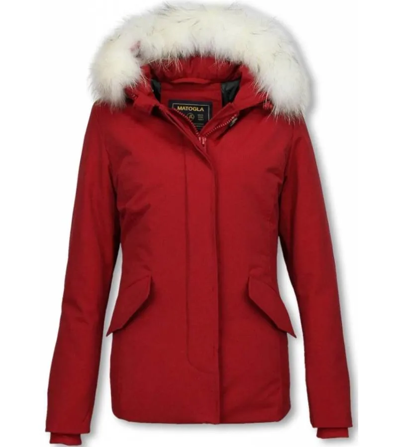 Parkas Mujer - Mujer chaqueta De Invierno Wooly Corto - Cuero De Piel Grande - Rojo