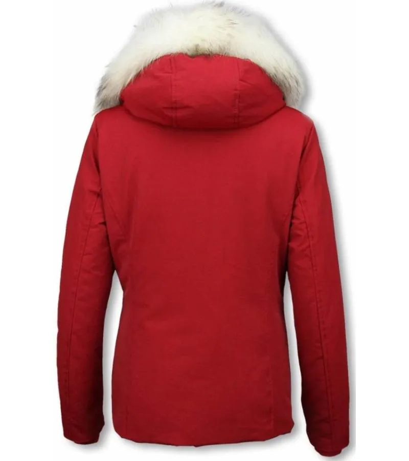 Parkas Mujer - Mujer chaqueta De Invierno Wooly Corto - Cuero De Piel Grande - Rojo