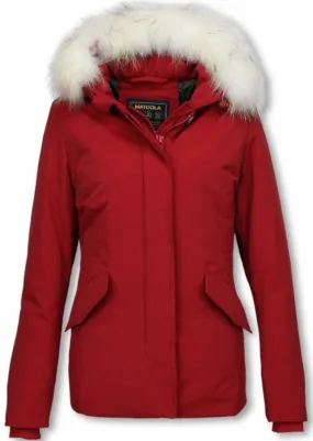 Parkas Mujer - Mujer chaqueta De Invierno Wooly Corto - Cuero De Piel Grande - Rojo