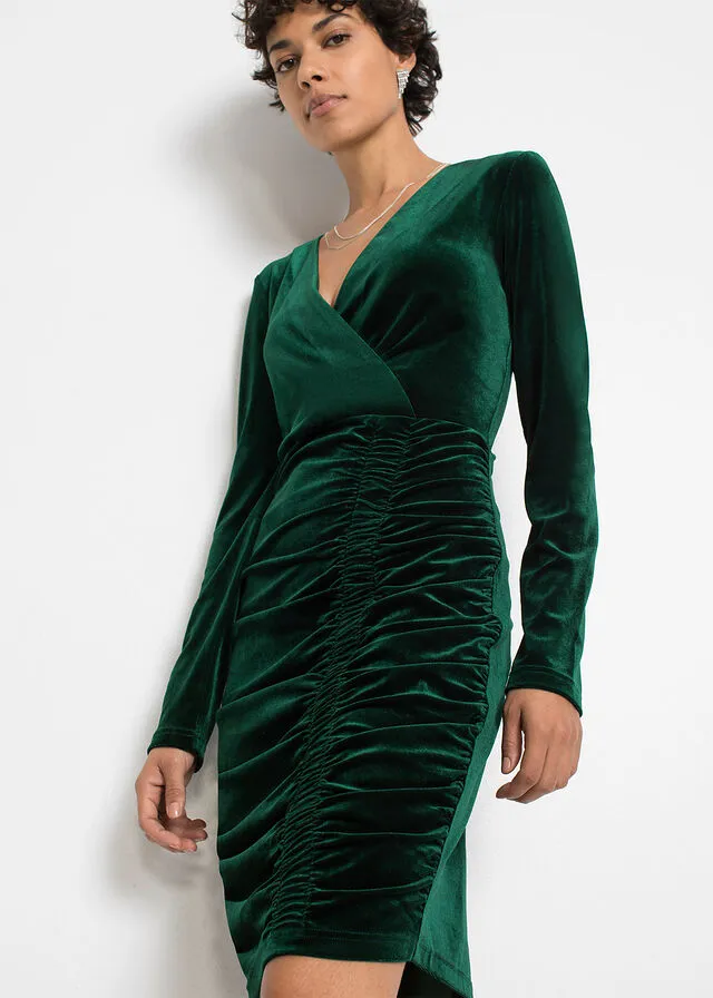 Vestido de terciopelo con fruncido Verde oscuro